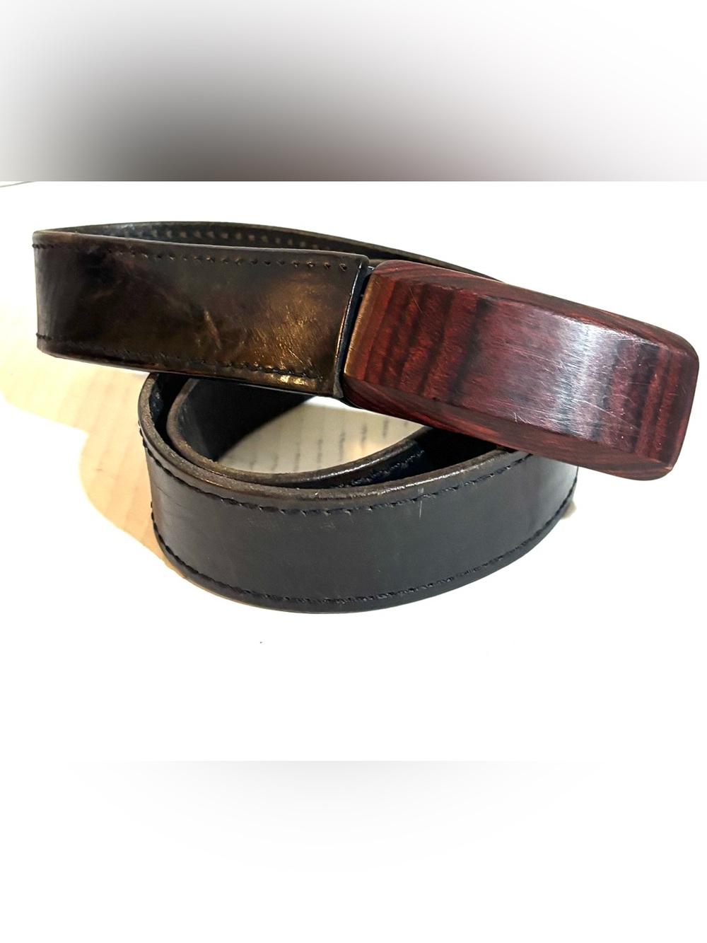 Vintage Black Leather Belt with Wood-Tone Buckle
